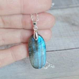 Gray Labradorite Necklace with Blue Flash Natural Gemstone Pendant